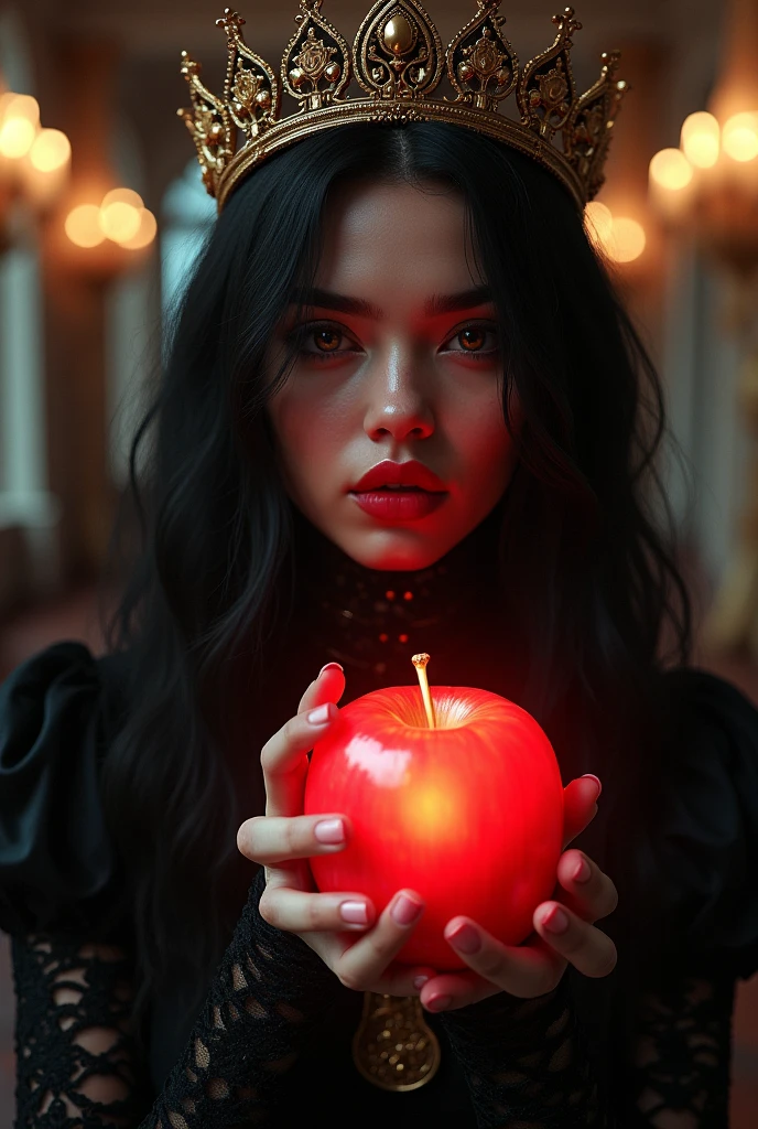 ((RAW Photo), absurd, (absurdresolution)), masterpiece, best quality, (Extremely detailed 8k unity CG wallpaper), (best illustration), (best shadow), Realistic lighting, beautiful detailed glow, ((21 years old)), girl, long black hair, black queen, accessories, apple in hand, poisoned apples, witch queen, red lipstick, (((Photographic Perspective of her)))