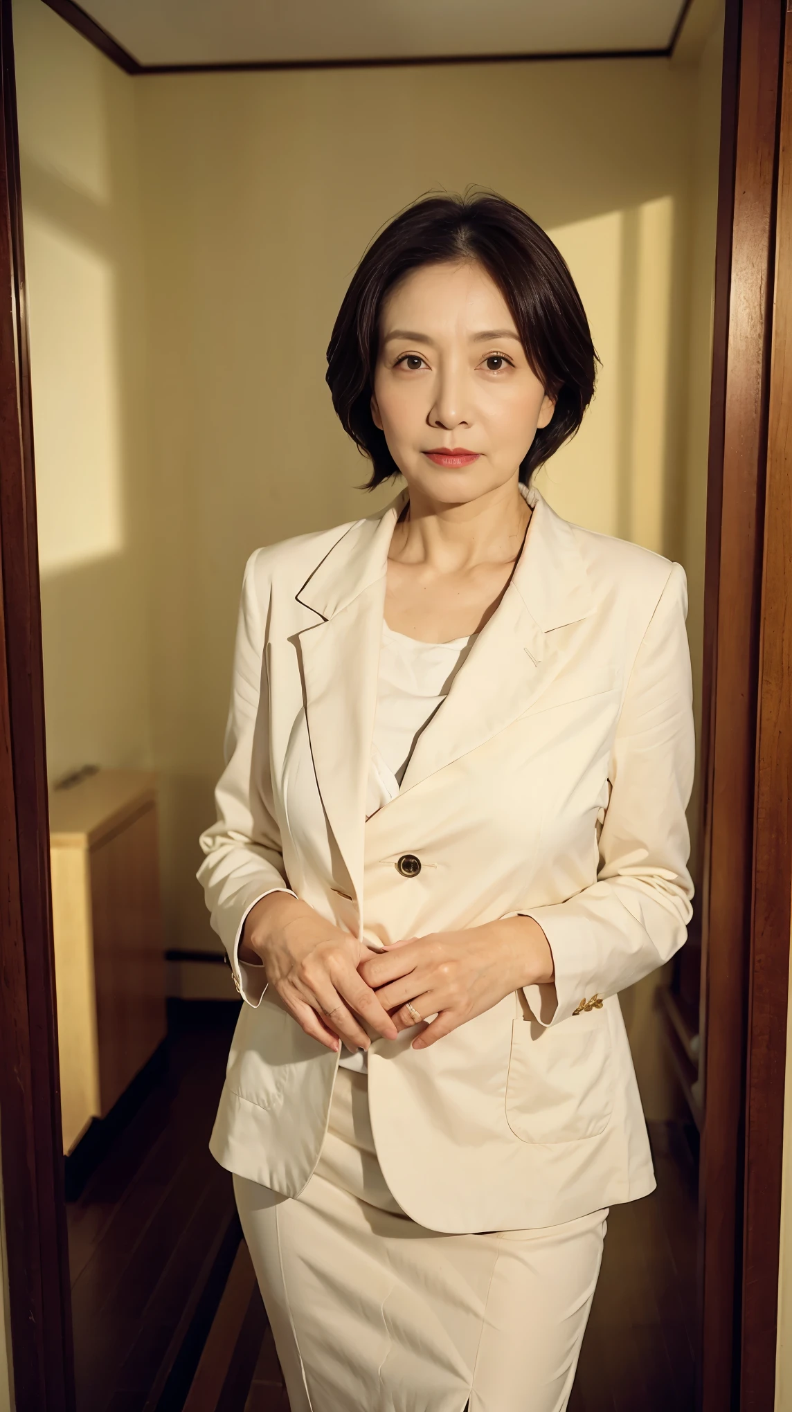 masterpiece, ((Depth of written boundary)), 32K, Beautiful finish, Face close-up, Beautiful mature woman, 65 years old, Photo of your ID, Business Person, board member, View from the front, Long face, A disdainful look, Cool look, Red lips, Thin lips, White innerwear, suit, Remove Background, Light from the front,