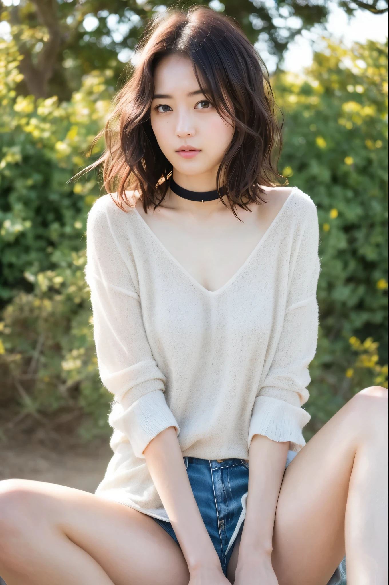 You are a professional photographer。Highest quality, masterpiece, Ultra-high resolution, (Realistic), Spread your legs、RAW Photos, Japanese Idols、Bob Hair、Whole Body Ezbian、choker、Highly detailed face and skin texture, Delicate eyes, single eyelid、Cool Beauty,under the sun