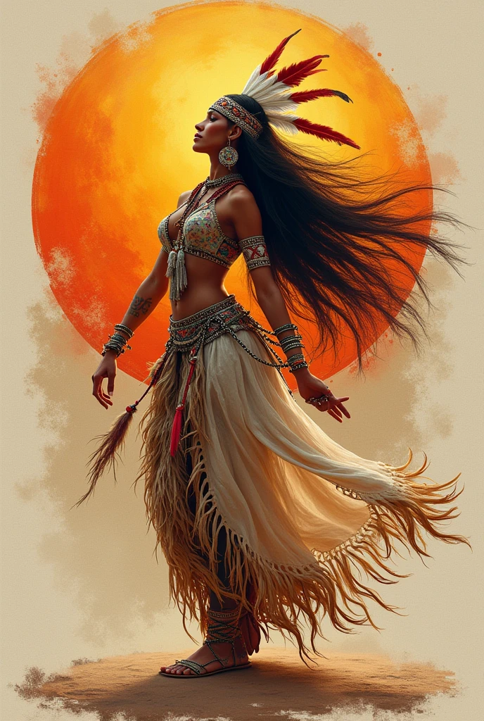 Native American beauty in dance poses., luxurious leather ponchos embroidered with intricate embroidery, fluid tulle, feather hair decorations, war hat, tattoo, Brown leather, indian jewelry, Native American Pattern, transparent and long and colorful ubert on the arms., navel tapes, back, collars, arm ring ribbons, crowns, wifes, anklets, Metal chain tassel around waist., sun god background, ink wash, Popular CG STATION, masterpiece, recent quality, high resolution details, 32K