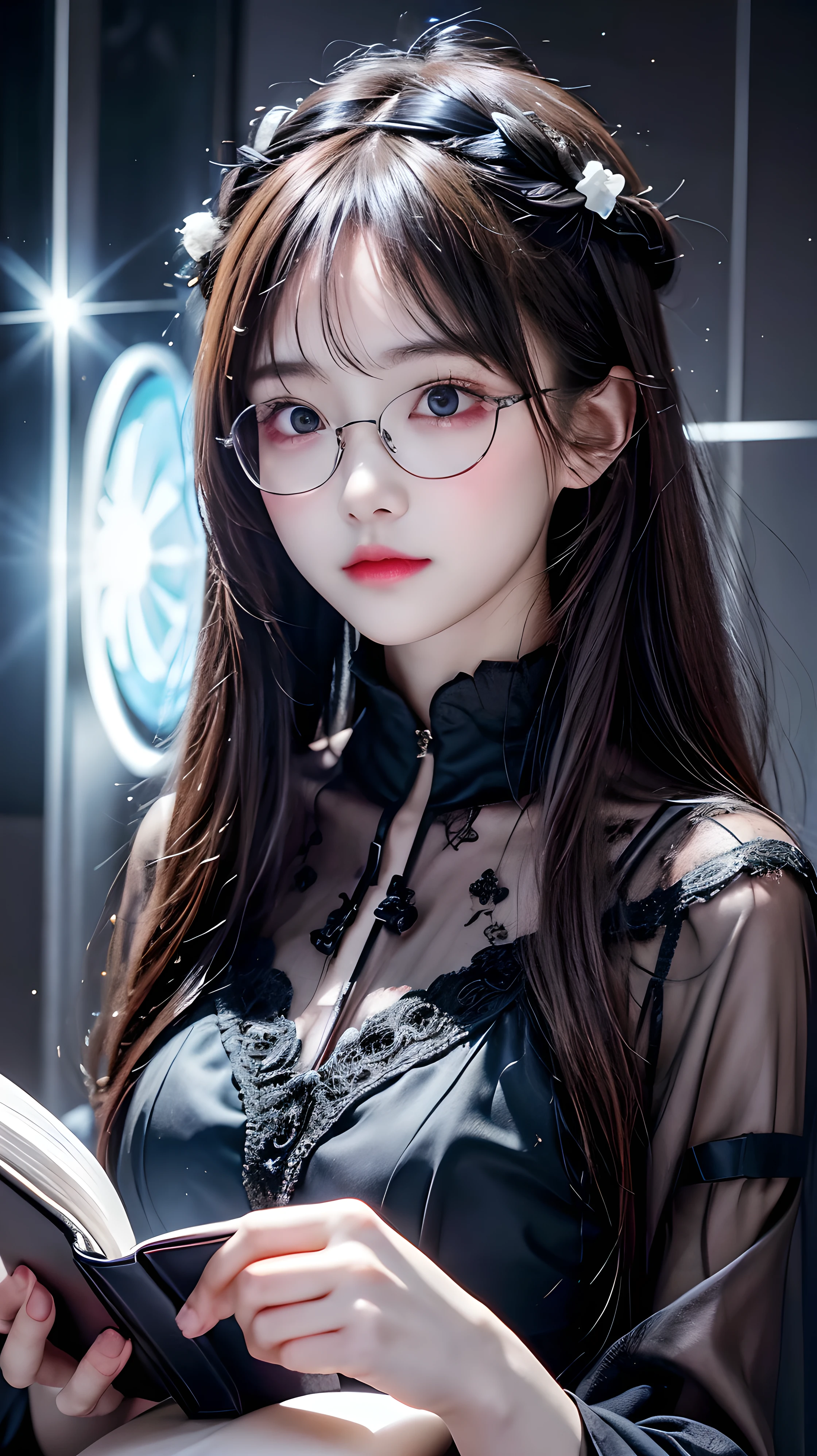 Young woman,Floats on a book,Mathematical Formulas,one pair of glasses,HD lighting and darkness )(Epic image quality)dark atmosphere with bright light particles(Lots of effects in the background,Background formula.emptiness,black hole,score_9,score_8_up,score_7_up,Shine,Clear drawing of details,Maxim of Details,Dark Concept,Thinks,Dreams,masterpiece,Dressed in Light Cute Clothes,Attractive,ultra detail,a mystic,Image of the Goddess of Thought