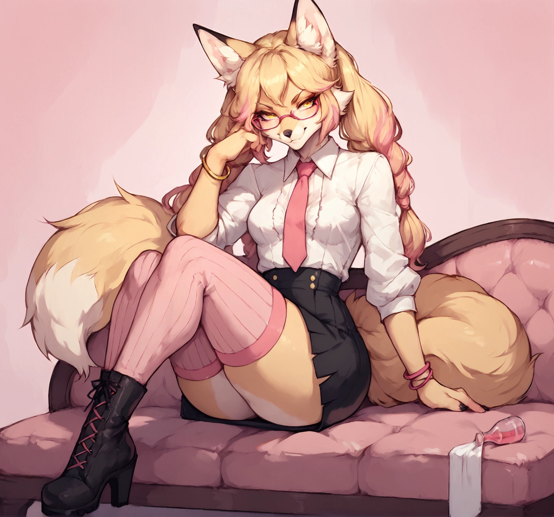 Solo, score_9,score_8_up,score_7_up, Kimiko, Anthro, Anthro furry blonde fox girl, blonde fur, long blonde hair, hair in pigtails, pink highlights in hair, wearing pink glasses, yellow eyes, smirking, fox ears and tail, she is wearing white preppy blouse, black skirt, pink dress tie, black laced stiletto boots, pink thigh high socks, pink bracelets, playful pose, abstract pink background, sitting on a pink couch, legs crossed, an end table with pink bottles of liquor nearby, front view