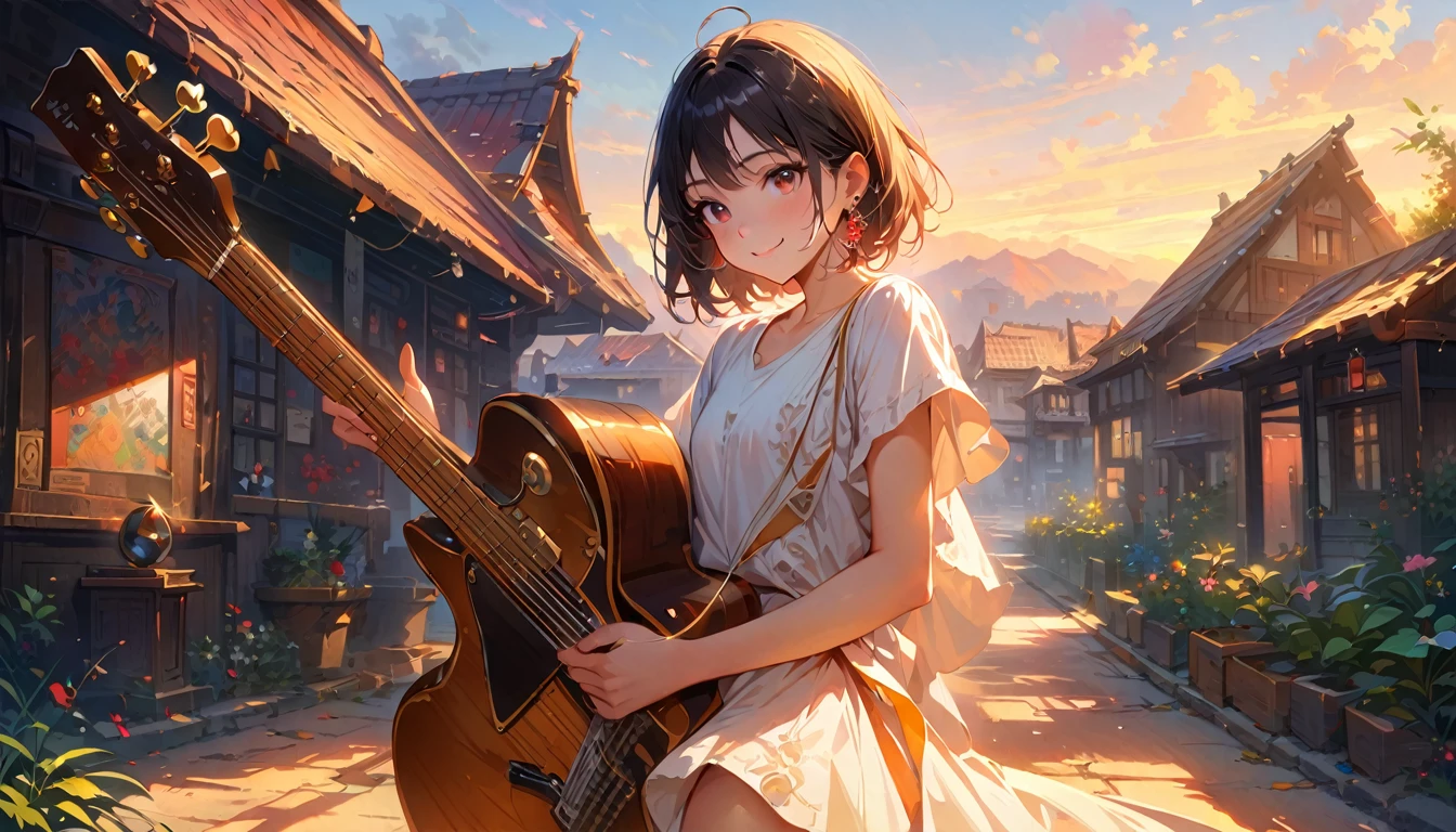 (Highest quality,4K,8k,High resolution,masterpiece:1.2),Very detailed,Realistic,Transparent guitar sculpture,sunset,Sunlight reflecting off a guitar,Body Details,Delicate strings,Vibrant color palette,Sculpting Tools,Hourglass Shape,Sound hole,Elegant Curves,Polished surface,Delicate carving,Light and shadow effects,Subtle reflection,Sparkling Surface,1 cowboy girl,8 year old child、Harmony between nature and art,Perfect craftsmanship,Transcendental beauty,Awe-inspiring works of art、Outdoor、short hair、Earrings、White shirt、Great smile、village、