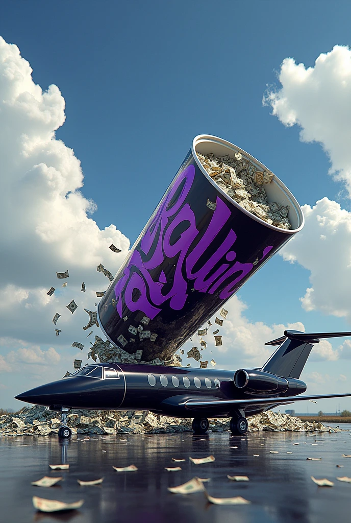 Black jet with Ballin written in purple with graffiti lettering ,Lean cup in the sky spilling money rain 