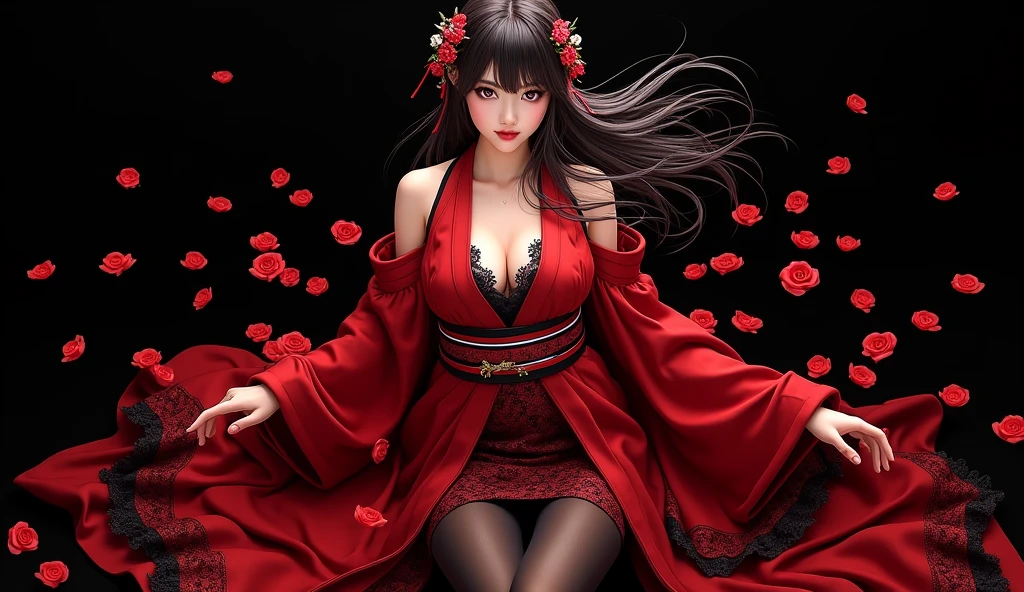 Red kimono open shoulders open legs beautiful breasts stockings black background red rose petals lace samurai sword wind top down view