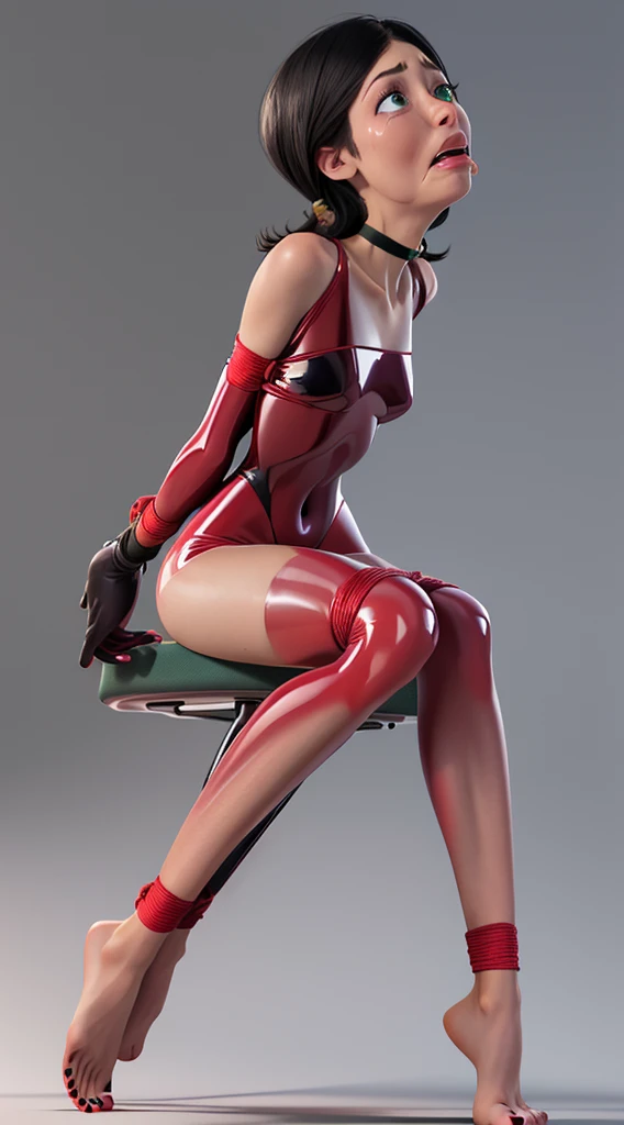 masterpiece, best quality, scoverkill, green eyes, choker, red latex bodysuit, elbow gloves, lipstick, looking at viewer, 3d, looking at viewer, cowboy shot, grey background, An expression of shame on his face, confusion, Desperation on the face, crying, Knees clenched together, Tense posture, bites his lower lip, anatomically correct, Realistic, side-view,((( 5 toes, black toe nails, Focus full body, sitting on a chair, tied ankles together,tied arms, with no shoes,)))