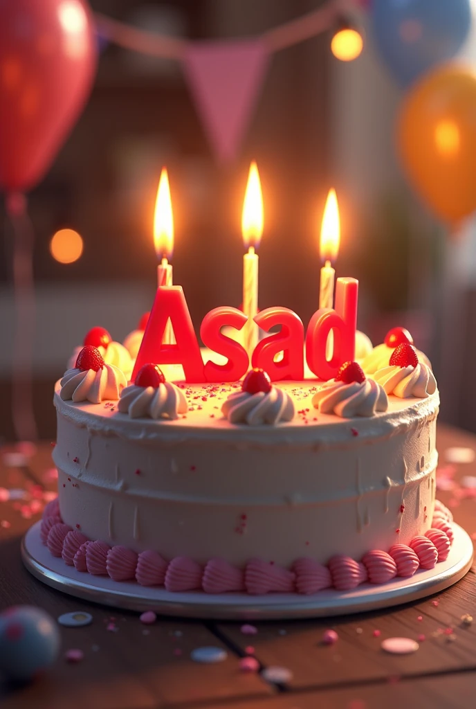"Create an image of a beautifully decorated birthday cake with 'Asad' written on it 3d. The cake should have realistic details, like rich frosting, vibrant candles, and a festive atmosphere. The setting should give off celebratory vibes, with some light decorations in the background to enhance the scene