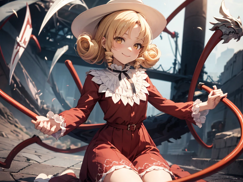 a drawing of an anime character in a red dress and boots with a large scythe, ((high end)), (UHD picture), (best quality,4k,8k,highres,masterpiece:1.2), top-quality(​masterpiece), top-quality, ultra-detailed, highly detailed texture, intricate details, high quality textures, masterpiece, best quality, perfect quality, perfect anatomy, perfect body, perfect symmetrical face, perfect hands, perfect feet, (two arms:1.2), (two legs:1.2), (five fingers each:1.2), (perfect joint:1.2), perfect joint movement, precise fingers and hands, 1 beautiful girl, 1 girl, alone, solo, , , (((loli))), ((cldish)), hat, white hat, blonde hair, long hair, parted bangs, drill hair, well-formed face, yellow eyes, maxi dress, red dress, dress, long sleeves, frills, long skirt, simple background, scythe, holding scythe, holding, white socks, smile, cute face, beautiful, holding scythe