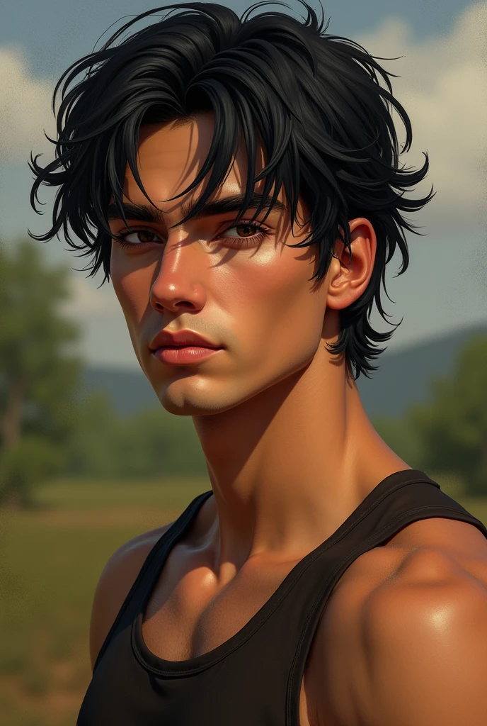 kor: 25 years old Height: 1,75m Physical constitution: Scrawny, but with defined muscles due to hard work on the farm Skin color: Caucasian skin, with evident Latin American features Eyes: dark shaped eyes, expressive and captivating Hair: black hair, straight and short Masterpiece, 8k, painting-like, handsome man.