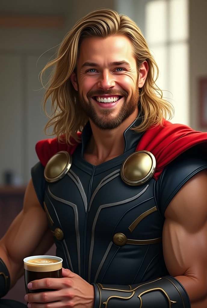 photorealistic portrait of a Thor from the Avengers with a warm smile. he holding A cofe glas,The overall mood is clasic and artistic, with a touch of elegance and creativity. The image should have balanced lighting and realistic texture