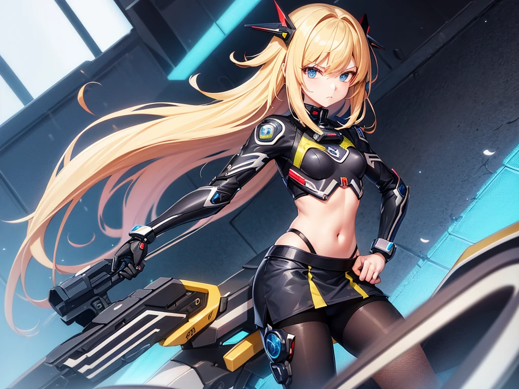 Female anime style Dorbach ,Mecha Mesh 2D, mini skirt((Very small breasts)),((Highest quality)), ((masterpiece)), (detailed) (()Riding a futuristic bike)) Angry face