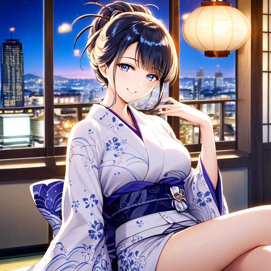 Reality, Solitary, Beautiful Japanese woman, Traditional Kimono, Natural graphics, Gentle smile, Impressive sight, Traditional hairstyle, Japanese-style room at dusk, Sitting by the window, City lights illuminate, (Charming pose), Professional photographer, Shallow depth of field, Backlight,