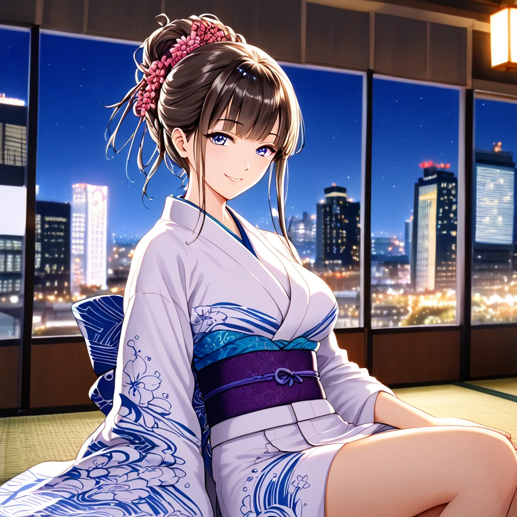 Reality, Solitary, Beautiful Japanese woman, Traditional Kimono, Natural graphics, Gentle smile, Impressive sight, Traditional hairstyle, Japanese-style room at dusk, Sitting by the window, City lights illuminate, (Charming pose), Professional photographer, Shallow depth of field, Backlight,