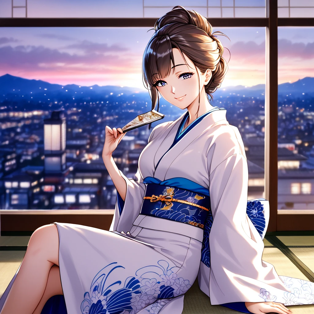 Reality, Solitary, Beautiful Japanese woman, Traditional Kimono, Natural graphics, Gentle smile, Impressive sight, Traditional hairstyle, Japanese-style room at dusk, Sitting by the window, City lights illuminate, (Charming pose), Professional photographer, Shallow depth of field, Backlight,