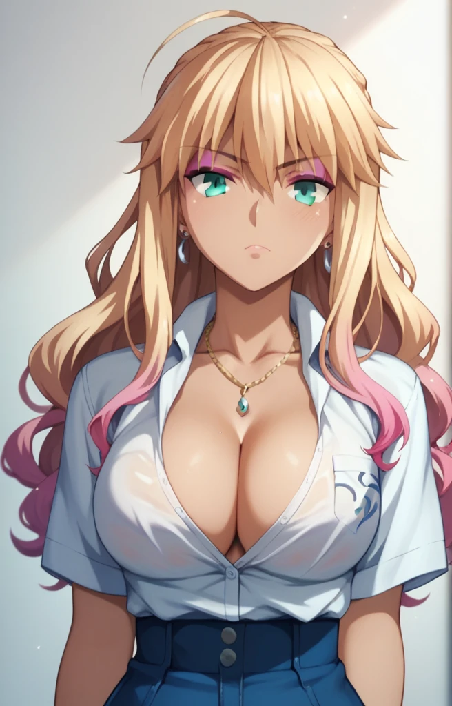 Artoria pendragon,Gyaru,Glossy lios,eyeshadow,Detailed face,long wavy hair,Cleavage,view face to waist