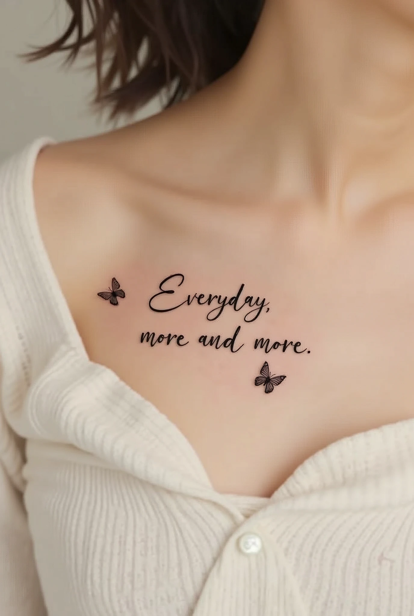 A small simple tattoo, that says "Everyday, more and more" with a casual font and 2 small butterfly's on the left

