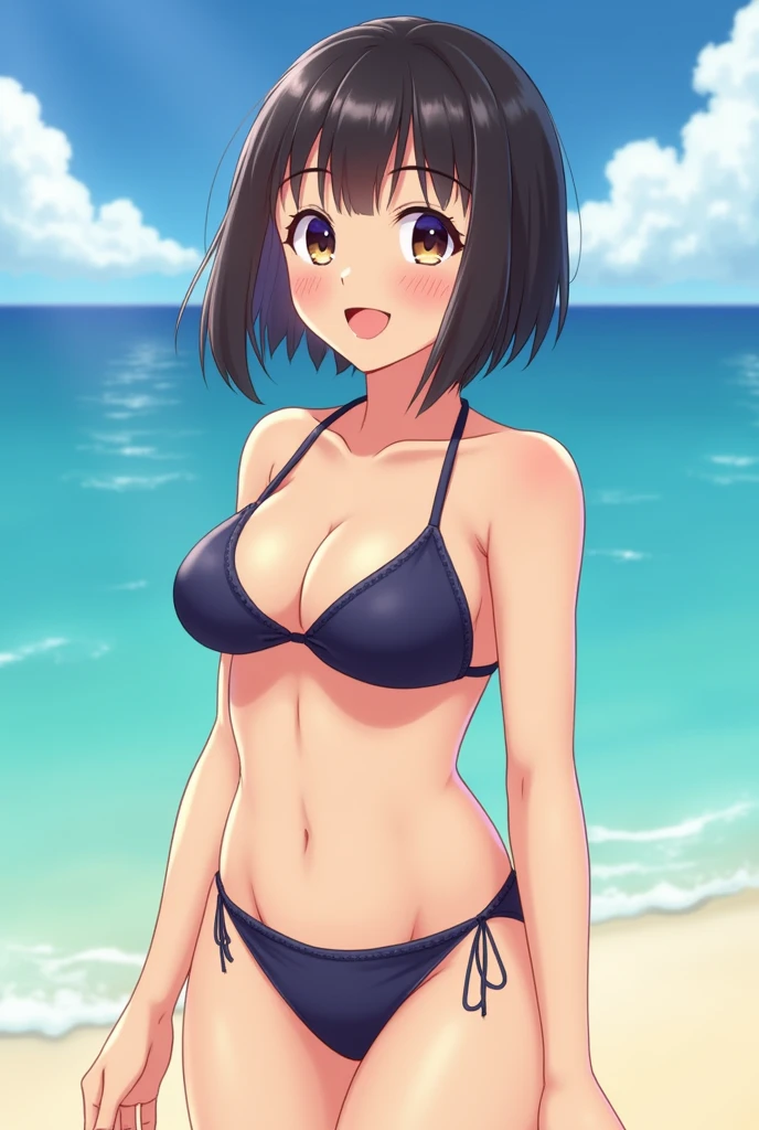 Image of a smiling Asian woman in a swimsuit。Her face is not beautiful, but rather cute and childlike, resembling Mai Shiraishi.、Big chest and small waist、An angle that doesn't show the fingers。
It feels close to real life.。