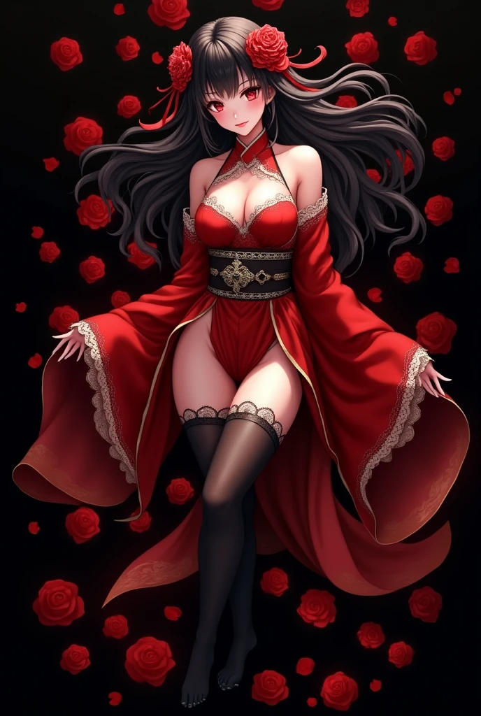 Red kimono open shoulders open legs beautiful breasts stockings black background red rose petals lace samurai sword wind top down view