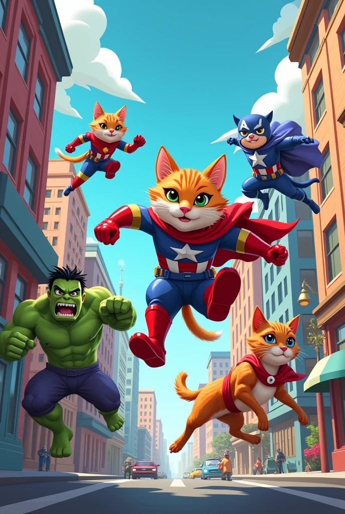cats and dogs avengers but on cartoon theme