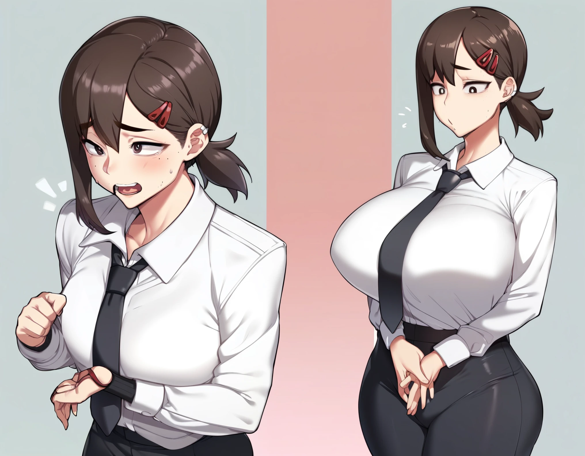 score_9, score_8_up, score_7_up, score_6_up, score_5_up,1girl,higashiyama kobeni,(breast expansion:1.2),multiple views, huge breasts,formal, necktie,black pants,  (SSP:1.1), white shirt, penis expansion