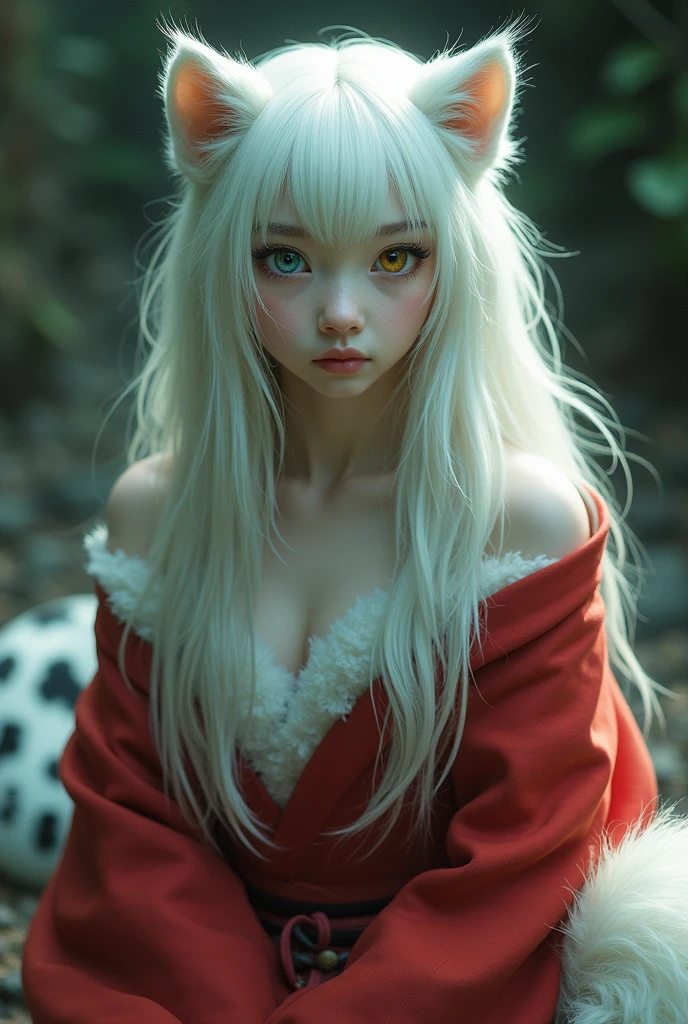 Young snow leopard hybrid with long hair reaching to the knees in white with light green tips,He has heterochromia with one blue eye and one yellow eye.,She wears a poorly arranged red kimono that reveals her shoulders and one of her legs.,slender body and big bust, her tail is fluffy