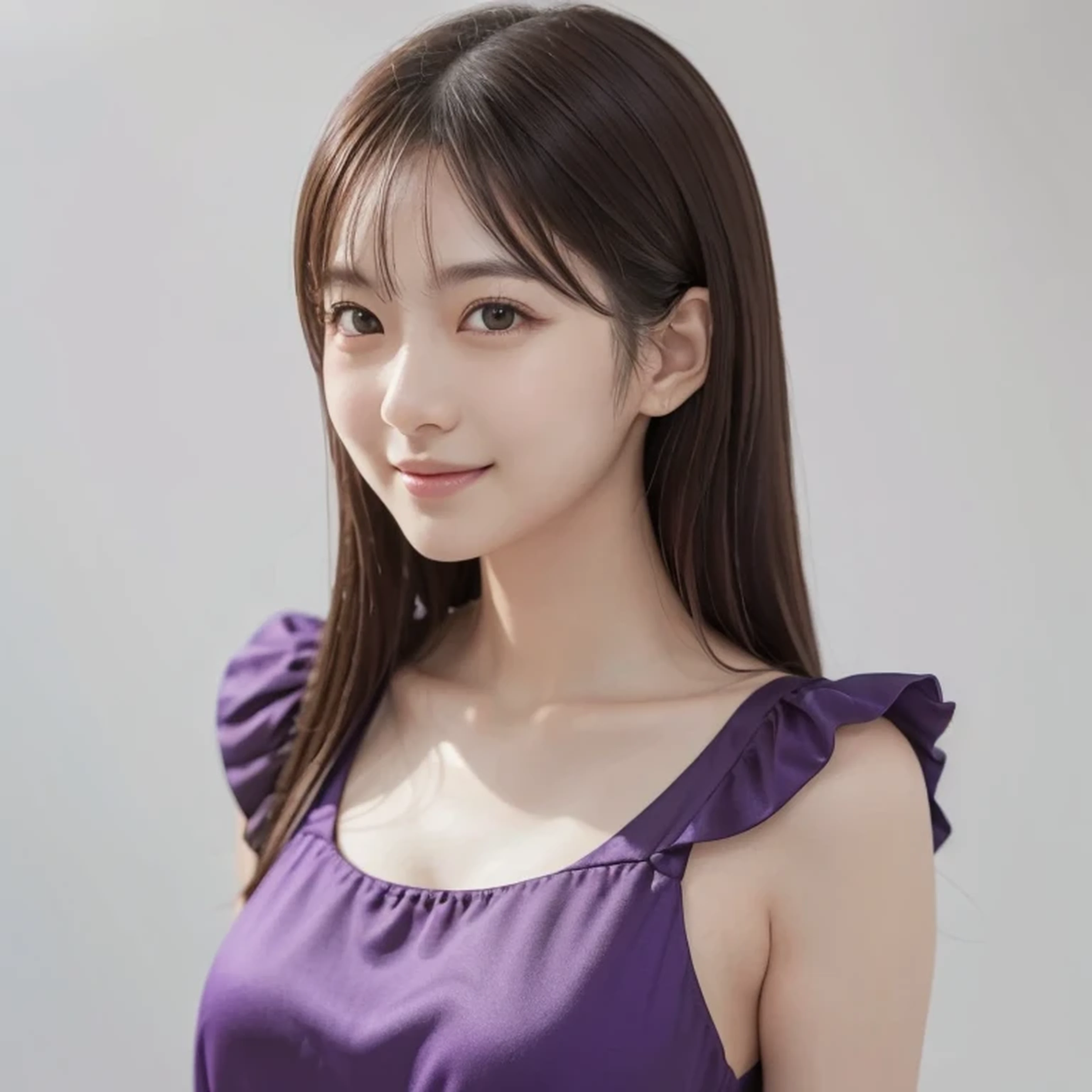 1 girl, (Wearing a deep purple outfit:1.2), Very beautiful Japanese idol portraits, 
(RAW Photos, Highest quality), (Realistic, Realistic:1.4), (masterpiece), 
Very delicate and beautiful, Very detailed, 2k wallpaper, wonderful, finely, Very detailed CG Unity 8k 壁紙, Very detailed, High resolution, Soft Light, 
Beautiful detailed girl, Very detailed目と顔, Beautiful and sophisticated nose, Finely beautiful eyes, Cinema Lighting, 
(Simple light color background:1.3),
(Medium Hair), 
Complete Anatomy, Slender body, Small breasts, smile