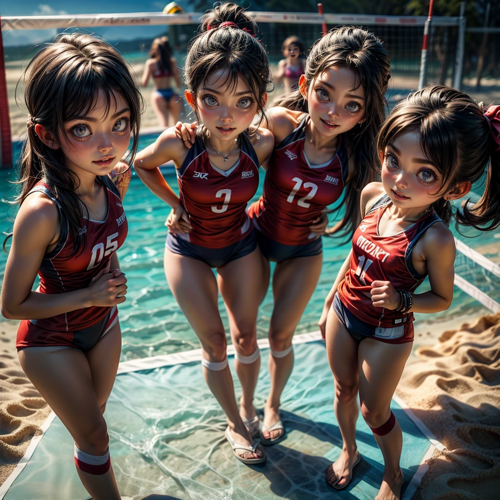 ExtremelyDetailed (((Beach Volleyball Team Kawaii Kids in a row:1.4))), Childish perfect face, Reflective Eyes, Detailed(Delicate Clothing textures), Corrected Leg to Foot Line, Corrected Perfect Hand, Dynamic Joyful Expressions LifeLike Rendering, ((Specular Reflection:1.28)), TopQuality 8K Ultra-detailed masterpiece (ProfessionalPhoto:1.37)(Acutance:0.8),(Luminism:1.22), 