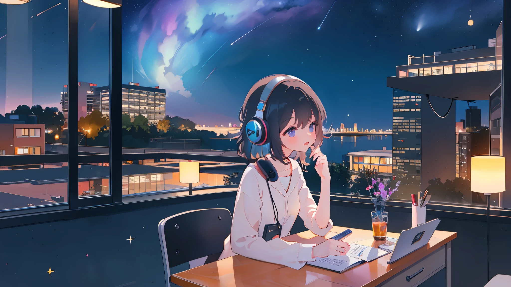 one girl study on a desk while listening to jazz on headphones with night sky in the background