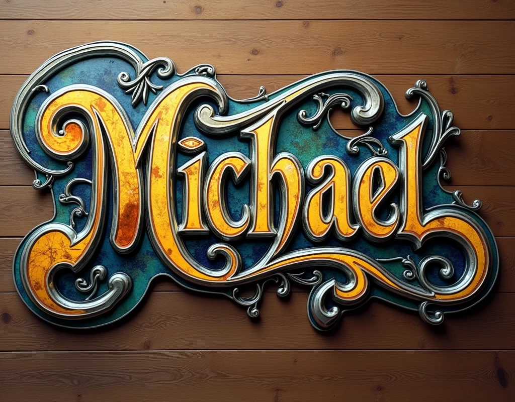 (text:"Michael") The word, Art Nouveau chrome and coloured glass text, front face view on flat wooden background