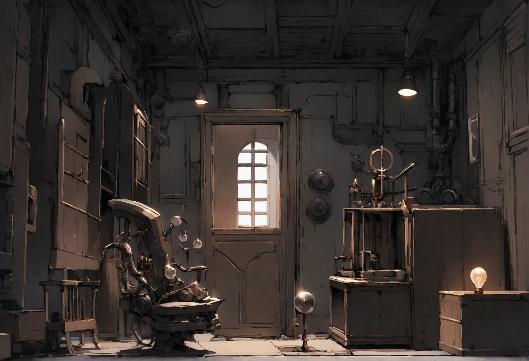 living，the window is broken，Simple room，Simple furniture，poor,dark,machine,Chair,light bulb
