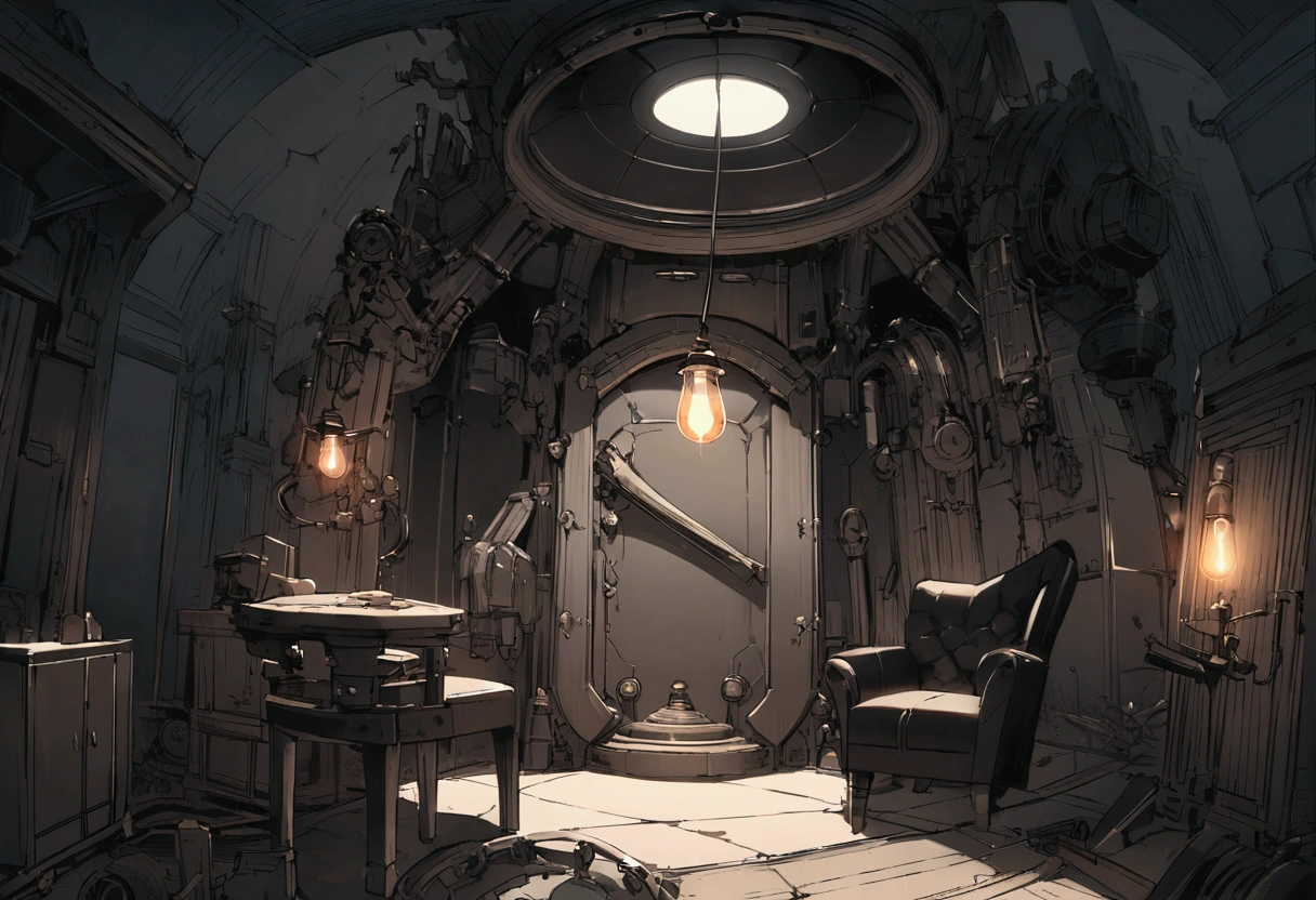 living,the window is broken,Simple room,Simple furniture,poor,dark,machine,Chair,light bulb