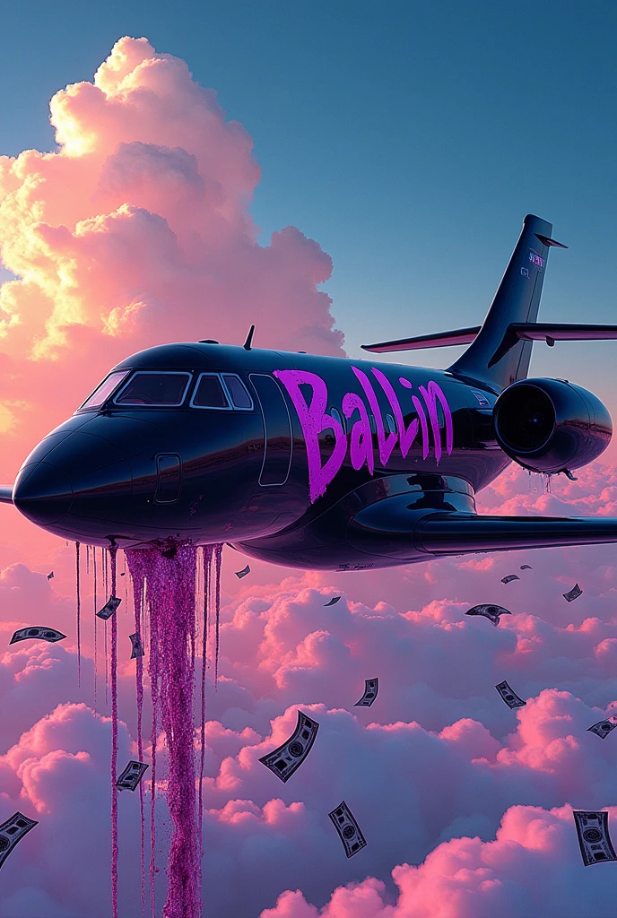 Black jet written Ballin purple color with graffiti lettering ,glass of Lean in the sky spilling codeine ,  money rain 