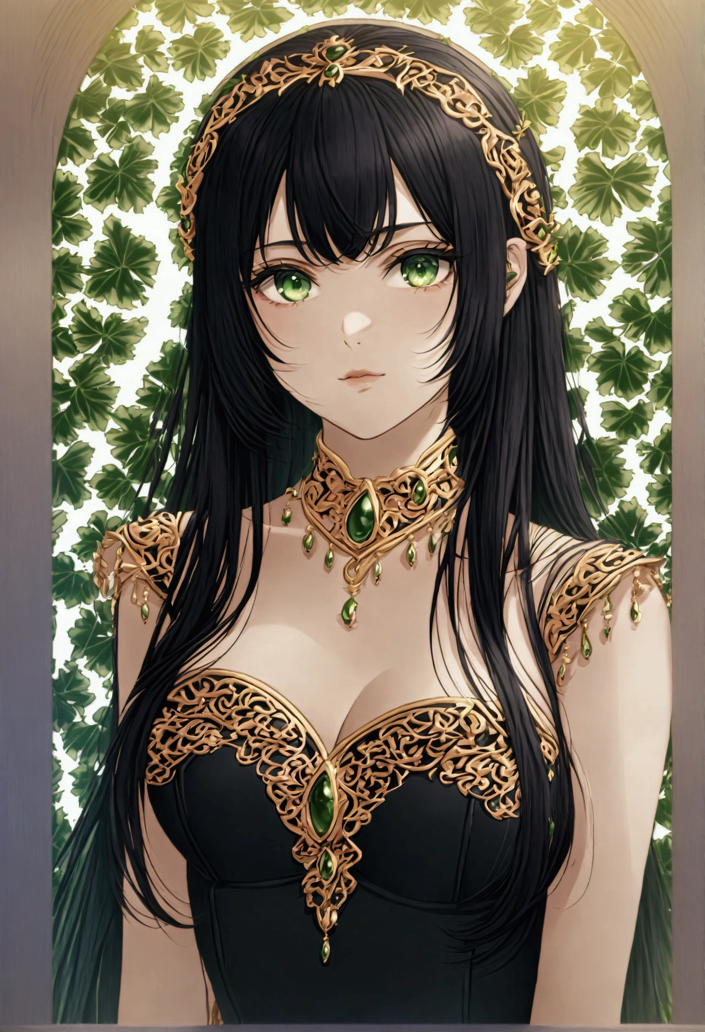 ((Masterpiece)) ((best quality)) ((ultra-detailed )) ((ultra sharp)) ((4k)).Anime girl with long black hair , black eyes with hourglass shaped build,