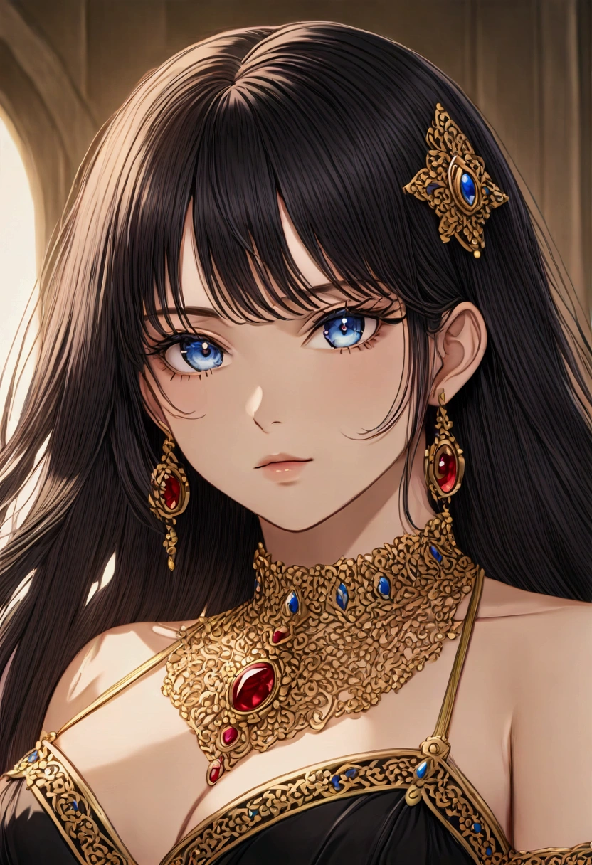 ((Masterpiece)) ((best quality)) ((ultra-detailed )) ((ultra sharp)) ((4k)).Anime girl with long black hair , black eyes with hourglass shaped build,