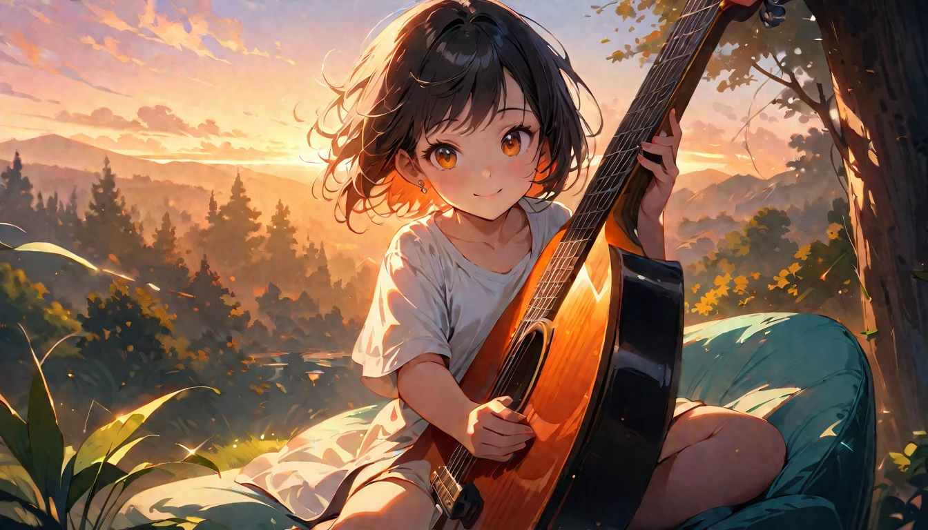 (Highest quality,4K,8k,High resolution,masterpiece:1.2),Very detailed,Realistic,Transparent guitar sculpture,sunset,Sunlight reflecting off a guitar,Body Details,Delicate strings,Vibrant color palette,Sculpting Tools,Hourglass Shape,Sound hole,Elegant Curves,Polished surface,Delicate carving,Light and shadow effects,Subtle reflection,Sparkling Surface,A girl sitting on a chair,8 year old child、Harmony between nature and art,Perfect craftsmanship,Transcendental beauty,Awe-inspiring works of art、Outdoor、short hair、Earrings、White shirt、Great smile、forest、