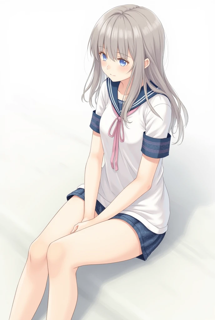 Sitting with legs crossed Denim shorts Uniform skirt girl Long Hair