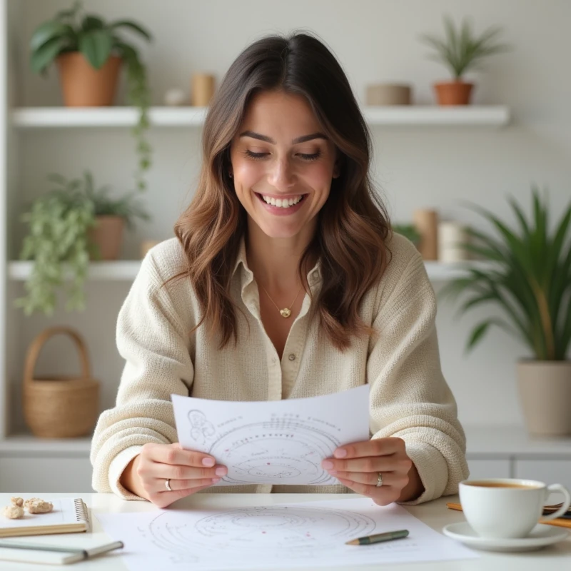 Create an image of a 37 year old woman smiling and confident, com o mapa numerological nas mãos e lendo seu mapa (study) numerological, with a cup of coffee next to it. The setting could be a simple and organized work desk, with neutral colors like white and beige, conveying surprise accessibility, Joy and confidence.