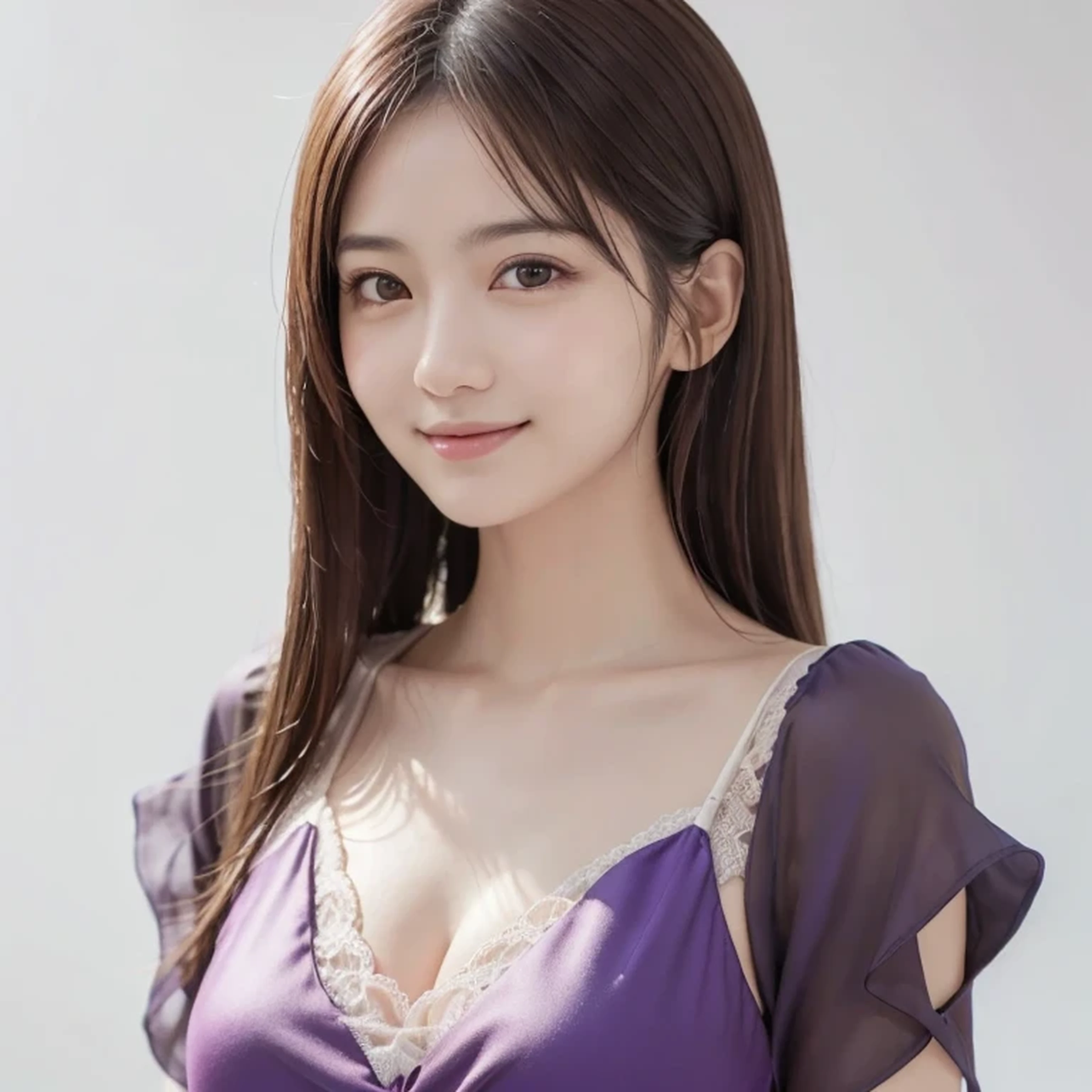 1 girl, (Wearing a deep purple outfit:1.2), Very beautiful Japanese idol portraits,
(RAW Photos, Highest quality), (Realistic, Realistic:1.4), (masterpiece),
Very delicate and beautiful, Very detailed, 2k wallpaper, wonderful, finely, Very detailed CG Unity 8k 壁紙, Very detailed, High resolution, Soft Light,
Beautiful detailed girl, Very detailed目と顔, Beautiful and sophisticated nose, Finely beautiful eyes, Cinema Lighting,
(Simple light color background:1.3),
(Medium Hair),
Complete Anatomy, Slender body, Small breasts, smile