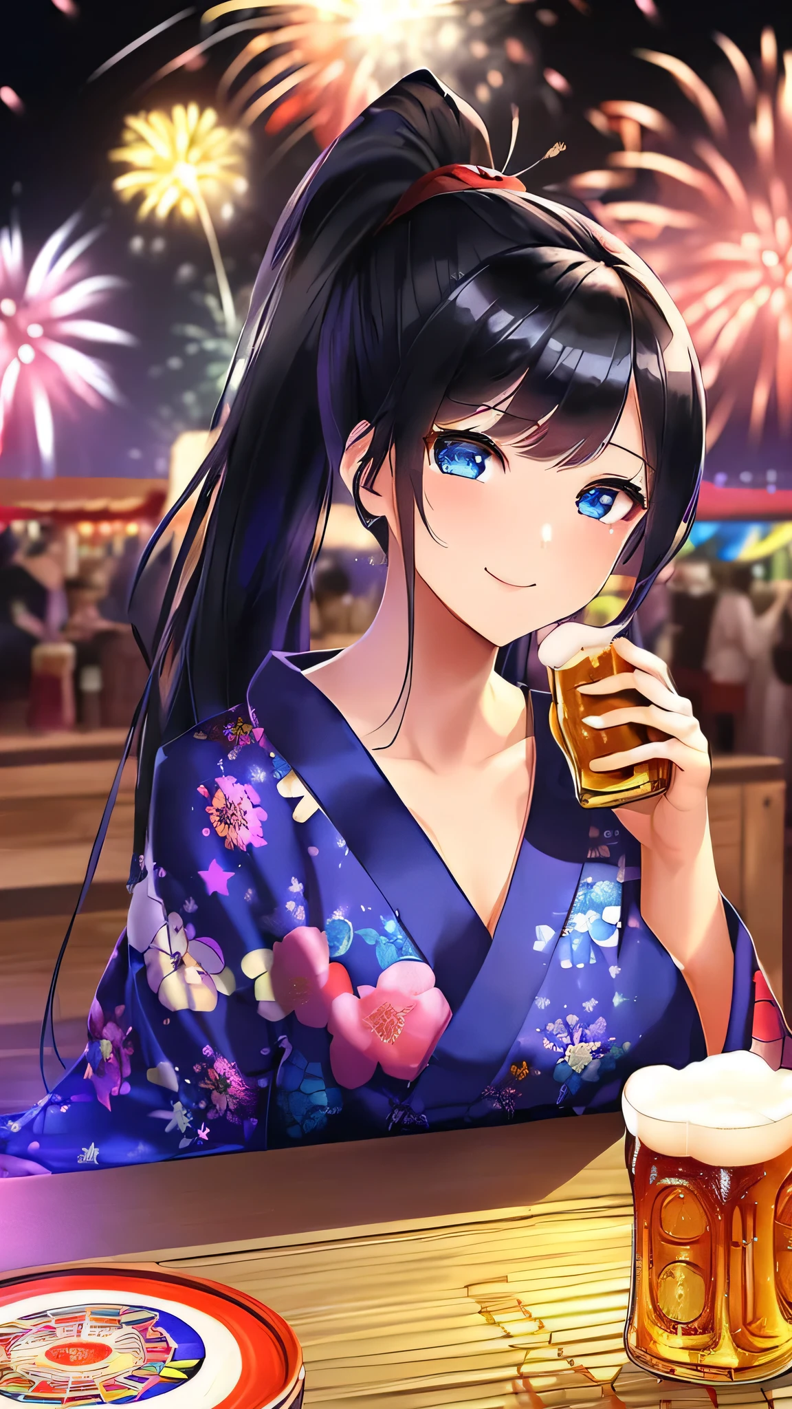 最high quality、Best image quality、masterpiece、With a girl((cute、20-year-old、Best Bust、Medium Bust、Beautiful Blue Eyes、Spread your chest wide,Black Hair、ponytail、Disheveled Hair、thin、Highest Valley、Red yukata、smile、Beer を持つ、Drunk)）high quality、Beautiful art、background((night、festival、stall、Fireworks、Beer )),Tabletop、Exquisite design、Visual Arts、Written boundary depth、Best lighting、Highest detail、8ｋ