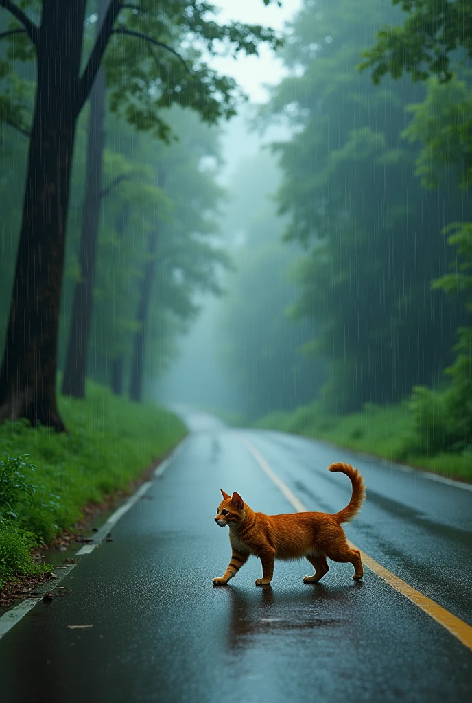 ONE CAT CROSS THE ROAD IN BEAUTIFUL RAINY WEATHER DAY THE ROAD OUTSIDE TREES AND ROAD GOING MID OF FOREST LOOK SO REALISTIC.