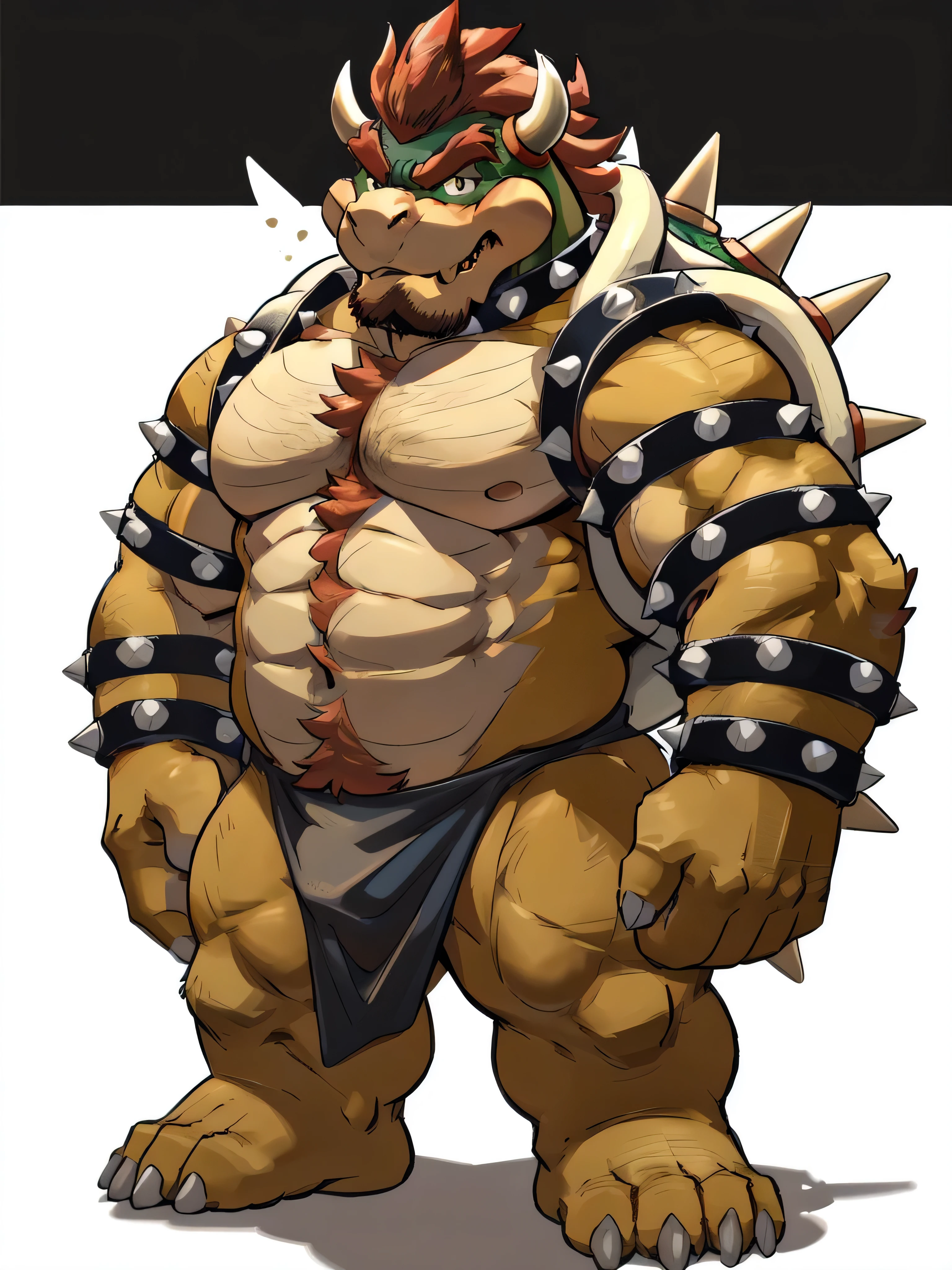 bowser, detailed bowser, 4k, high resolution, best quality, posted on e621, solo, male, masculine, pectorals, abs, heavyweight, (white background, no background:1.1), (wfa style, meesh style:1.0), bowser anatomy, (detailed face, detailed eyes:1.0), (flat colors, cel shaded, cartoony shading:1.2), cartoony proportions, shiny skin, full body, short legs, hairy, hairy chest, hairy arms, hairy belly, hairy legs, hairy abs