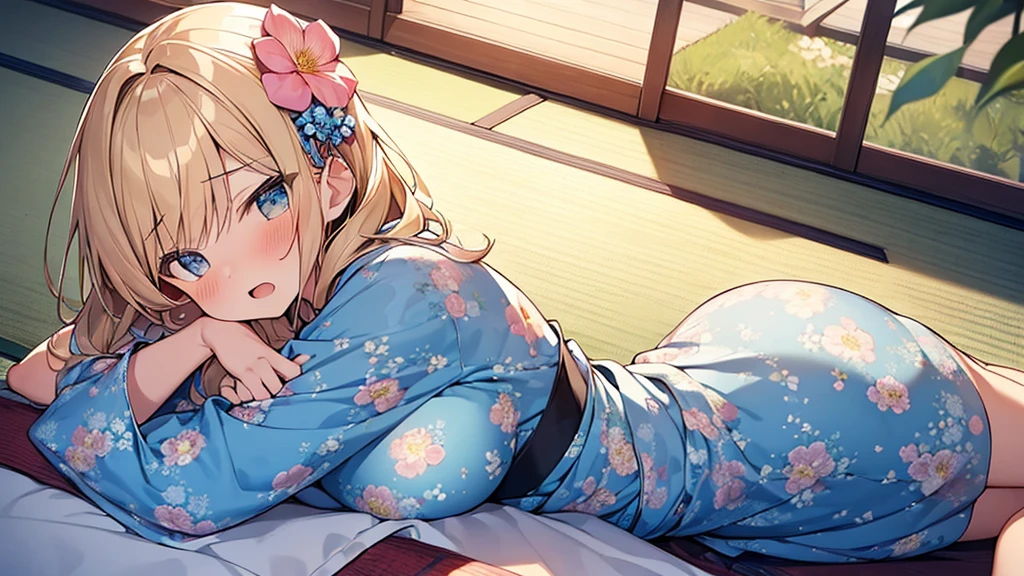 (Masterpiece, Top quality:1.5), nsfw, (dynamic angle:1.2), (1 beautiful girl, solo:1.2), (lie on tatami:1.2), Blonde, medium Hair, wavy Hair, asymmetry bangs, swept bangs, airy hair, large breasts:1.2, 16 year old, (flower printed blue yukata :1.3), shy:1.1, (blush:1.4), beautiful scene of indoor, arms up:1.2, open mouth