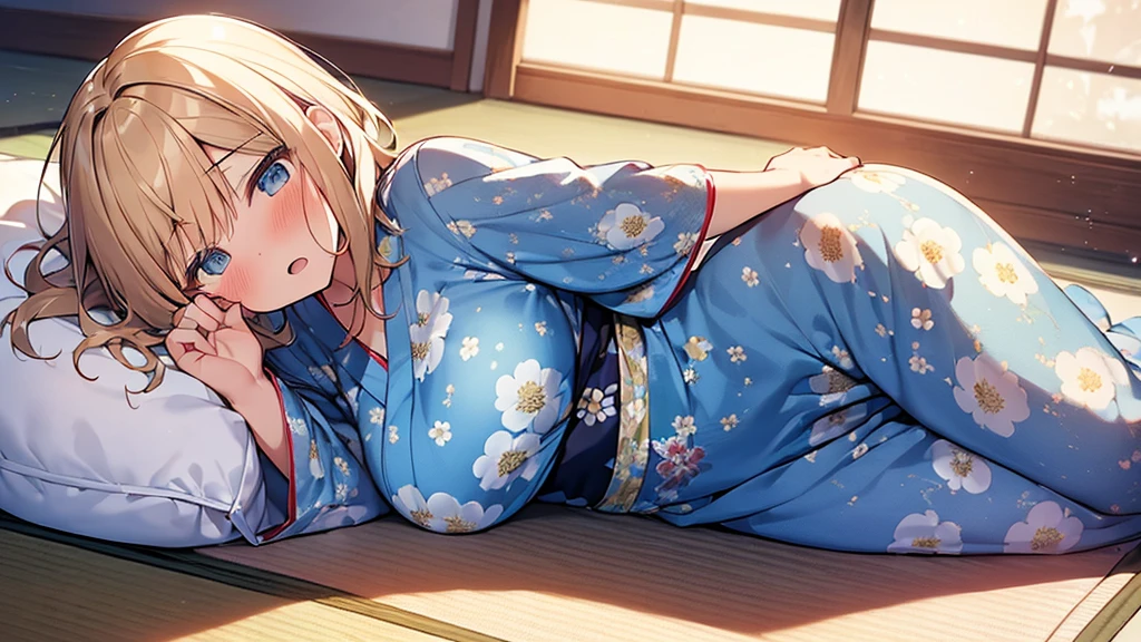 (Masterpiece, Top quality:1.5), nsfw, (dynamic angle:1.2), (1 beautiful girl, solo:1.2), (lie on tatami:1.2), Blonde, medium Hair, wavy Hair, asymmetry bangs, swept bangs, airy hair, large breasts:1.2, 16 year old, (flower printed blue yukata :1.3), shy:1.1, (blush:1.4), beautiful scene of indoor, arms up:1.2, open mouth