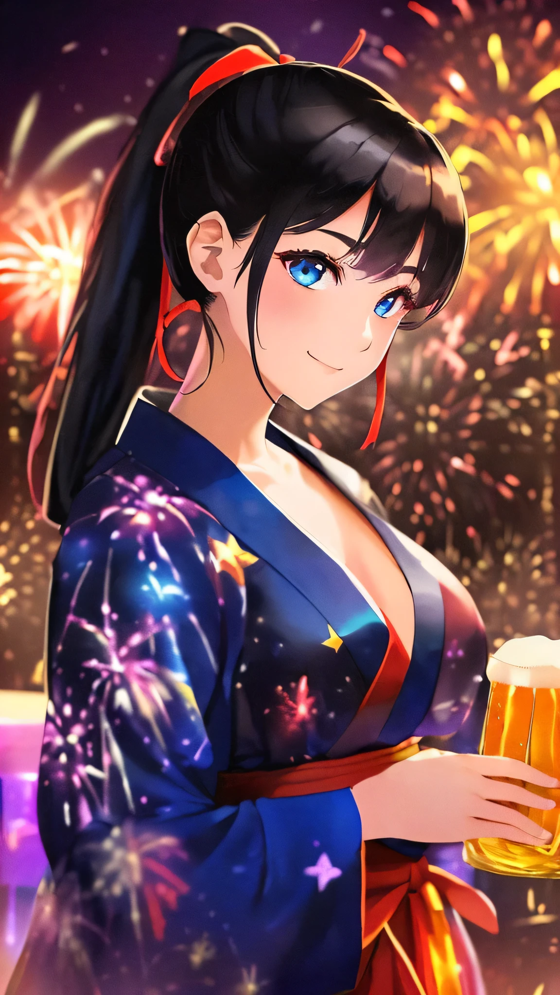 最high quality、Best image quality、masterpiece、With a girl((cute、20-year-old、Best Bust、Medium Bust、Beautiful Blue Eyes、Spread your chest wide,Black Hair、ponytail、Disheveled Hair、thin、Highest Valley、Red yukata、smile、Beer を持つ、Drunk)）high quality、Beautiful art、background((night、festival、stall、Fireworks、Beer )),Tabletop、Exquisite design、Visual Arts、Written boundary depth、Best lighting、Highest detail、8ｋ