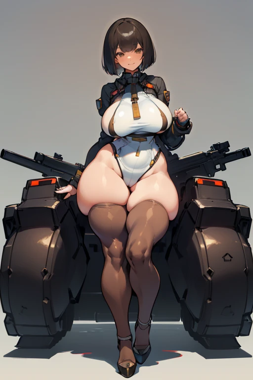 young girl, Pullover, hig cut leotardo, whole body to see, smiled, excited, moans, Bob cut hair, (( very wide hips)), (((colossal Thighs, gigantic thighs, very huge thighs, very big thighs))), fullbody, platform heels, Brown skin, very Big breast, gun, cyberpunk, soldier girl, full body,