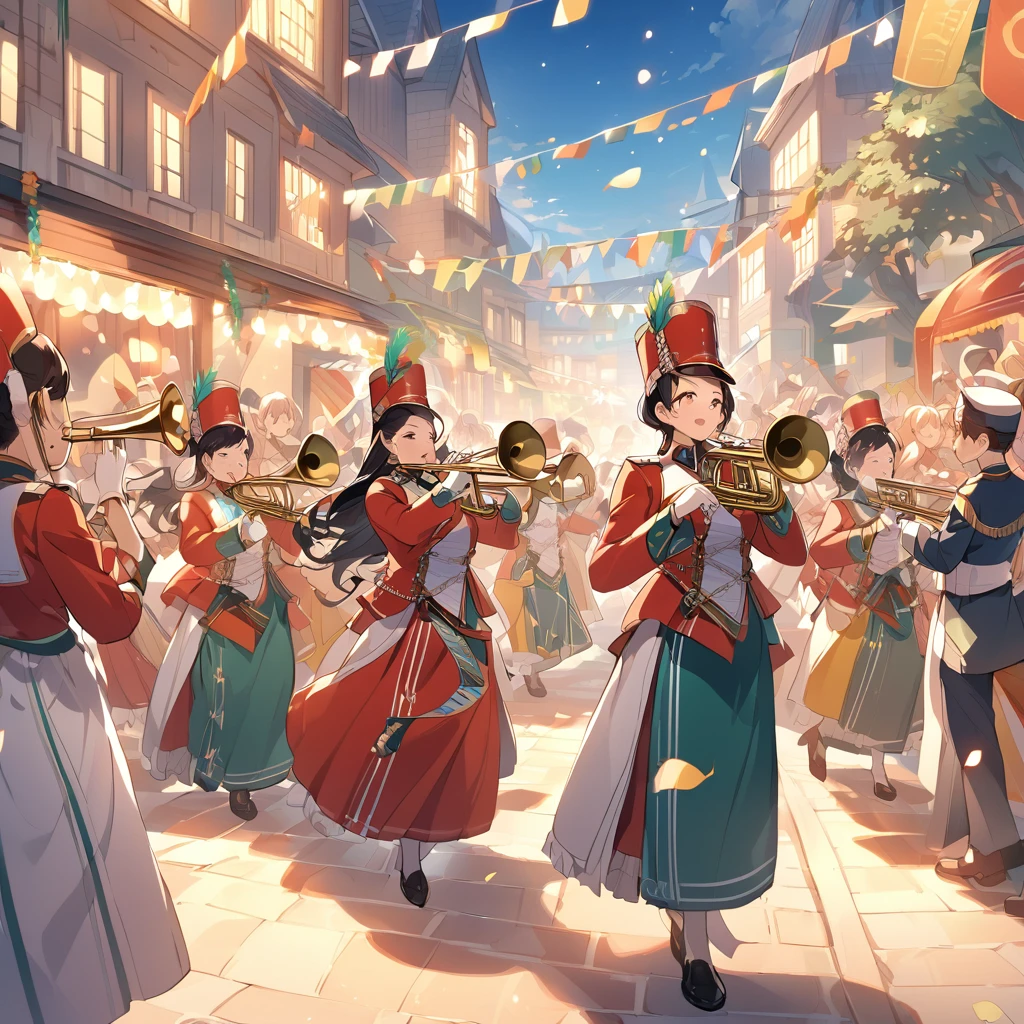 Delicate depiction,Anime-style illustration of an adorable marching band with women of various ethnicities performing on a wide street. The band members are dressed in colorful, cute uniforms, playing instruments like drums, trumpets, and flutes. The street is lined with numerous spectators, all cheering and enjoying the performance. The atmosphere is festive and lively, with buildings and trees in the background.random situation, random hair, random pose, random fashion, random facial muscle,