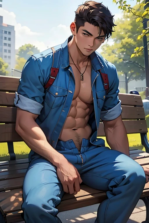 A young handsome man in a blue jumpsuit is sitting on a park bench and looking at the camera、belly button、