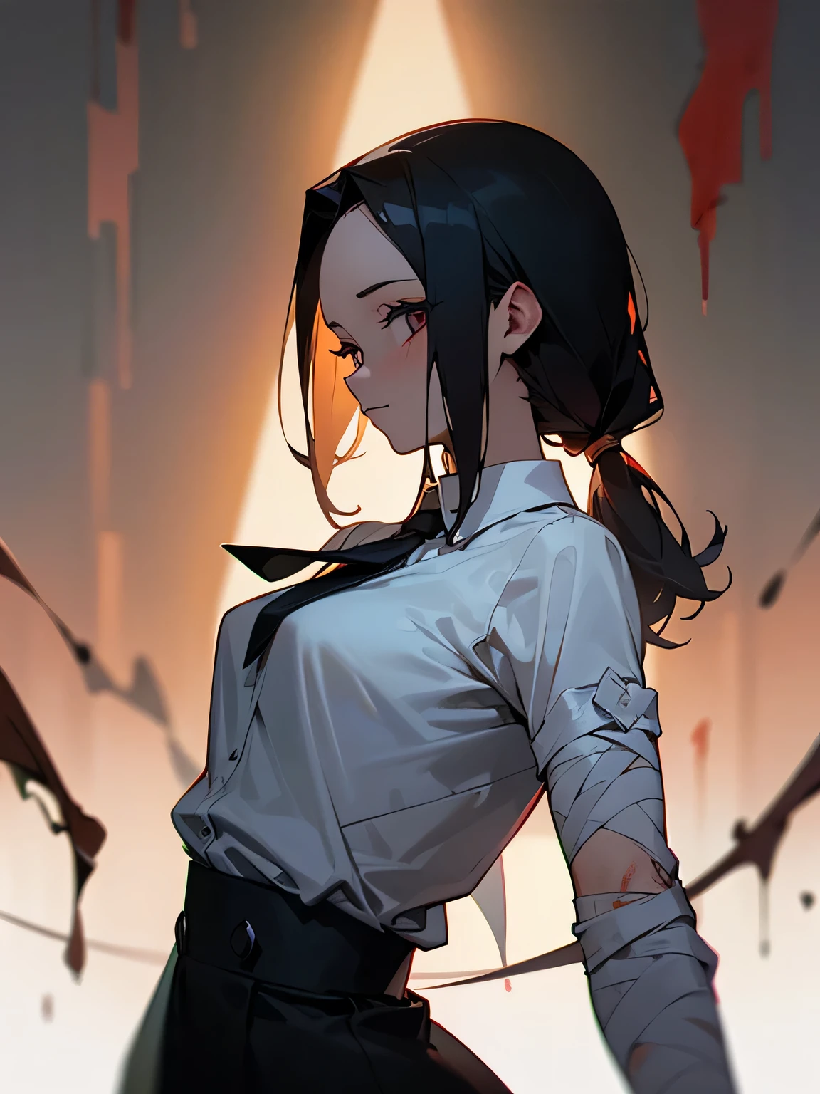 sideview,looking at viewer,(One girl),big forehead,uptail hair, (alone), (Focus on women), Deceptive work \(Chainsaw Man\), Upper Body, Dark Eyes, bandage over the body, Black Hair, Long sleeve shirt, Pinafore dress, Black tie, bandage, Blood, bandage, bandage, Blood, Blood, Small breasts, classroom, student, Blur the background