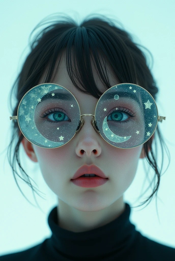 The model is wearing glass sunglasses with stars and the moon on the glass