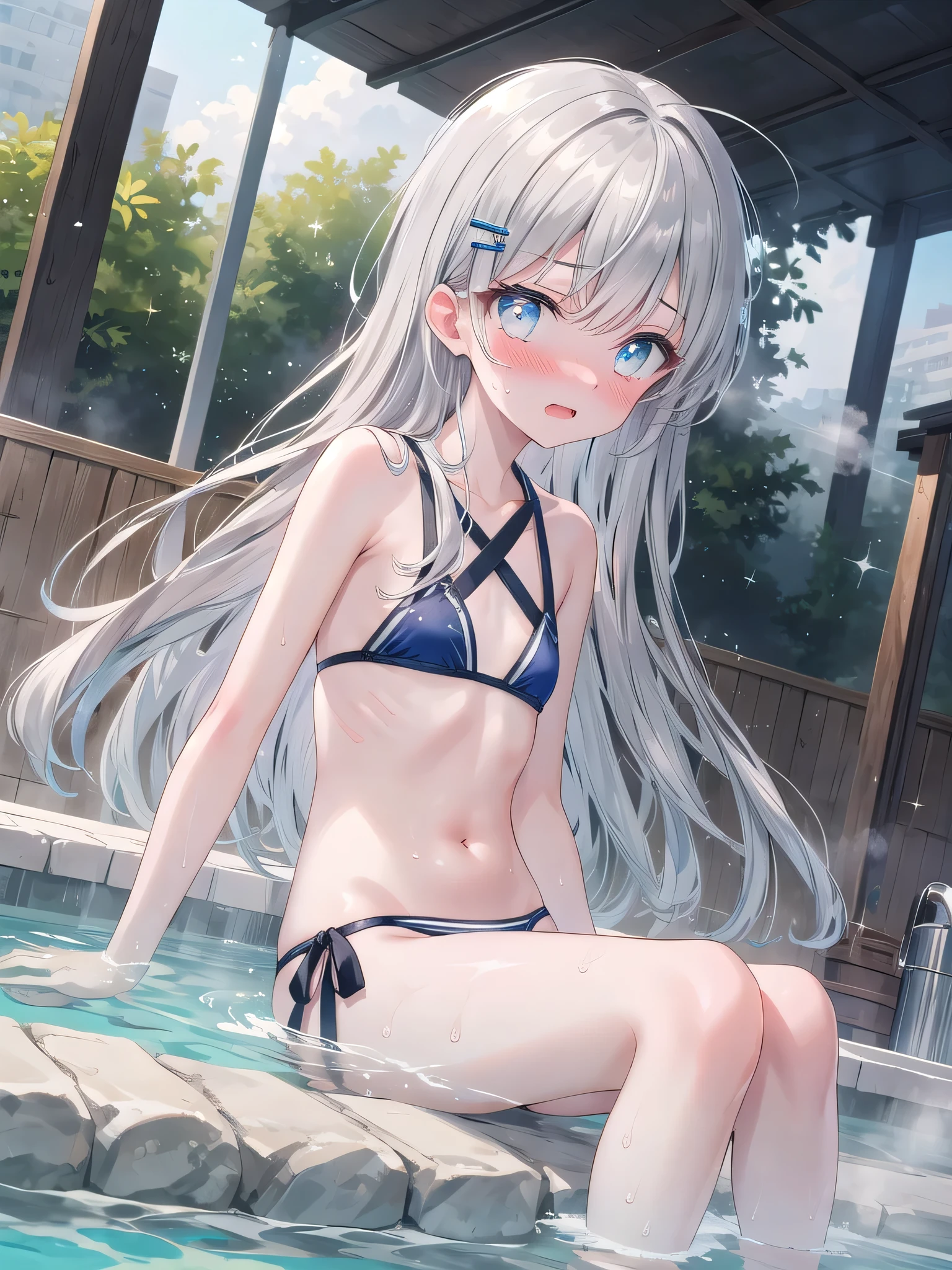 (8K, Highest Quality, Masterpiece:1.3)), Ultra High Resolution, (1 girl, solo), (Color changing eyes, Highly detailed, Expressive glow, Sparkling eyes), Highly detailed eyes, Highly detailed face, Random hair, (Silver-grey color), Hair clip, Flat chest, bikini, (Embarrassed face:1.1), (Open-air bath, Fantastic mist:1.1), Sitting on the edge of the open-air bath with legs spread apart, Front angle,